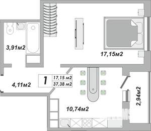 1-к квартира, строящийся дом, 37м2, 20/25 этаж