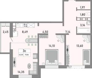 3-к квартира, вторичка, 72м2, 3/25 этаж