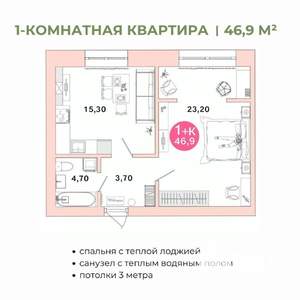 1-к квартира, вторичка, 47м2, 3/4 этаж