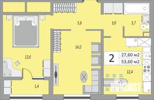 2-к квартира, строящийся дом, 54м2, 12/24 этаж