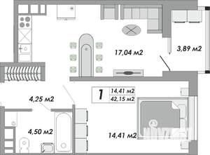 1-к квартира, вторичка, 42м2, 5/12 этаж