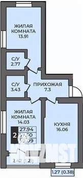 2-к квартира, строящийся дом, 59м2, 12/12 этаж