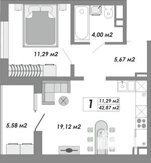 1-к квартира, строящийся дом, 43м2, 4/17 этаж