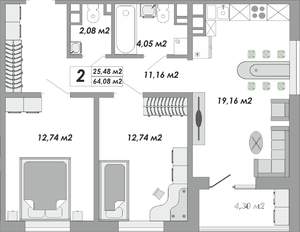 2-к квартира, строящийся дом, 64м2, 3/12 этаж