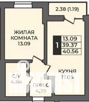 1-к квартира, строящийся дом, 41м2, 10/12 этаж
