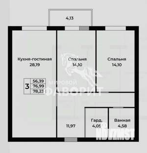 3-к квартира, вторичка, 77м2, 6/15 этаж