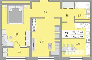 2-к квартира, строящийся дом, 55м2, 2/24 этаж