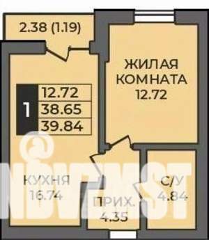 1-к квартира, строящийся дом, 40м2, 1/12 этаж