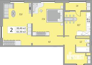2-к квартира, строящийся дом, 66м2, 23/24 этаж