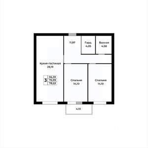 3-к квартира, строящийся дом, 78м2, 4/15 этаж