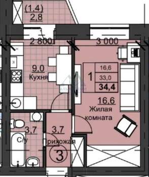 1-к квартира, сданный дом, 34м2, 1/3 этаж