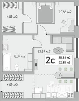 2-к квартира, строящийся дом, 52м2, 4/9 этаж