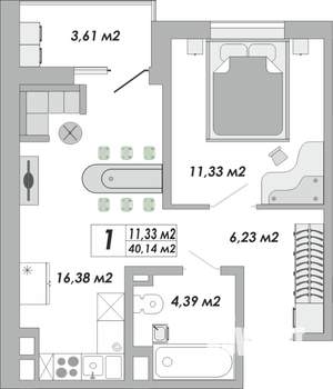 1-к квартира, строящийся дом, 40м2, 3/15 этаж