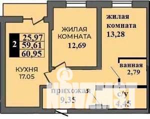 2-к квартира, строящийся дом, 61м2, 1/9 этаж