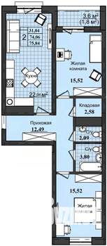 2-к квартира, строящийся дом, 76м2, 2/12 этаж