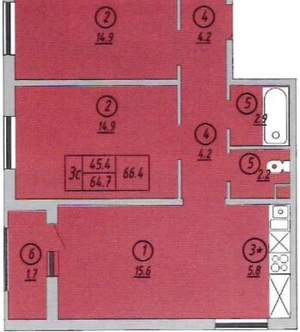 2-к квартира, вторичка, 67м2, 1/19 этаж