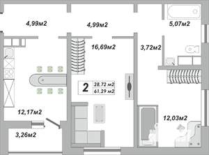 2-к квартира, строящийся дом, 61м2, 7/25 этаж