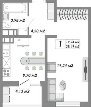 1-к квартира, строящийся дом, 39м2, 7/9 этаж