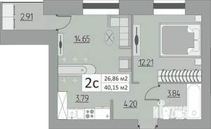 2-к квартира, строящийся дом, 40м2, 1/15 этаж