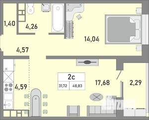 2-к квартира, строящийся дом, 49м2, 22/25 этаж