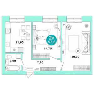 2-к квартира, вторичка, 57м2, 1/4 этаж