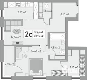 2-к квартира, вторичка, 61м2, 6/10 этаж