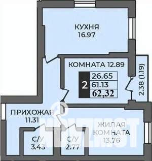 2-к квартира, строящийся дом, 62м2, 1/12 этаж