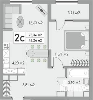 2-к квартира, вторичка, 47м2, 7/9 этаж