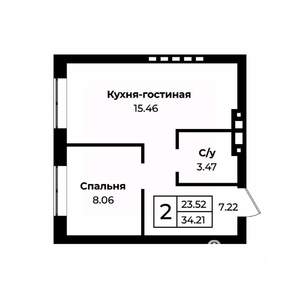 1-к квартира, строящийся дом, 34м2, 2/9 этаж