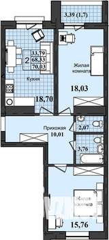 2-к квартира, строящийся дом, 70м2, 2/12 этаж