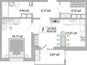 1-к квартира, строящийся дом, 48м2, 14/15 этаж