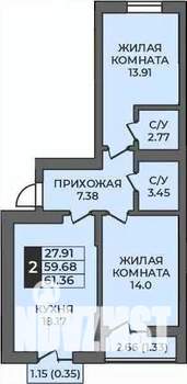 2-к квартира, строящийся дом, 61м2, 6/9 этаж