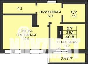 1-к квартира, вторичка, 41м2, 4/7 этаж