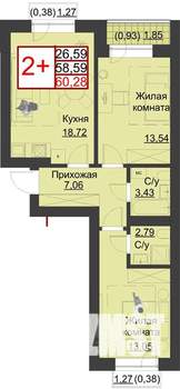 2-к квартира, строящийся дом, 60м2, 4/5 этаж