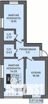 2-к квартира, строящийся дом, 59м2, 10/12 этаж
