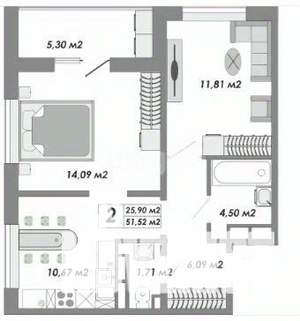 2-к квартира, вторичка, 52м2, 6/17 этаж