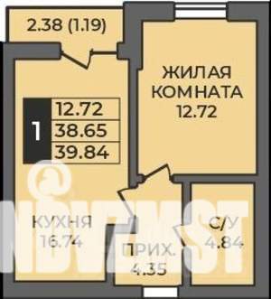1-к квартира, строящийся дом, 40м2, 2/12 этаж