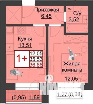 1-к квартира, строящийся дом, 37м2, 5/5 этаж