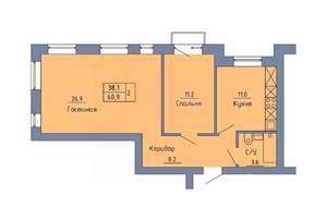 2-к квартира, строящийся дом, 61м2, 4/4 этаж