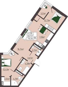 3-к квартира, вторичка, 70м2, 7/13 этаж