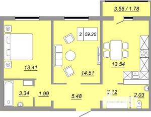 2-к квартира, сданный дом, 57м2, 4/24 этаж