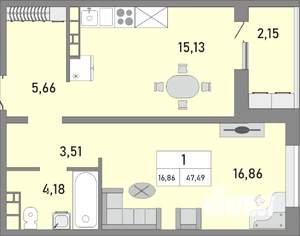 1-к квартира, строящийся дом, 47м2, 17/25 этаж