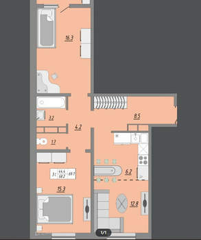 3-к квартира, сданный дом, 70м2, 14/24 этаж