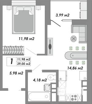 1-к квартира, строящийся дом, 39м2, 13/17 этаж