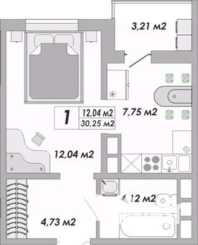 1-к квартира, вторичка, 30м2, 12/15 этаж