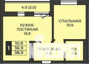 1-к квартира, строящийся дом, 39м2, 7/7 этаж