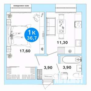 1-к квартира, вторичка, 37м2, 1/4 этаж