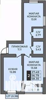 2-к квартира, строящийся дом, 58м2, 8/12 этаж