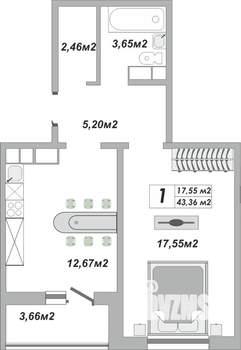 1-к квартира, строящийся дом, 43м2, 4/25 этаж