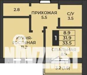 1-к квартира, строящийся дом, 34м2, 3/7 этаж
